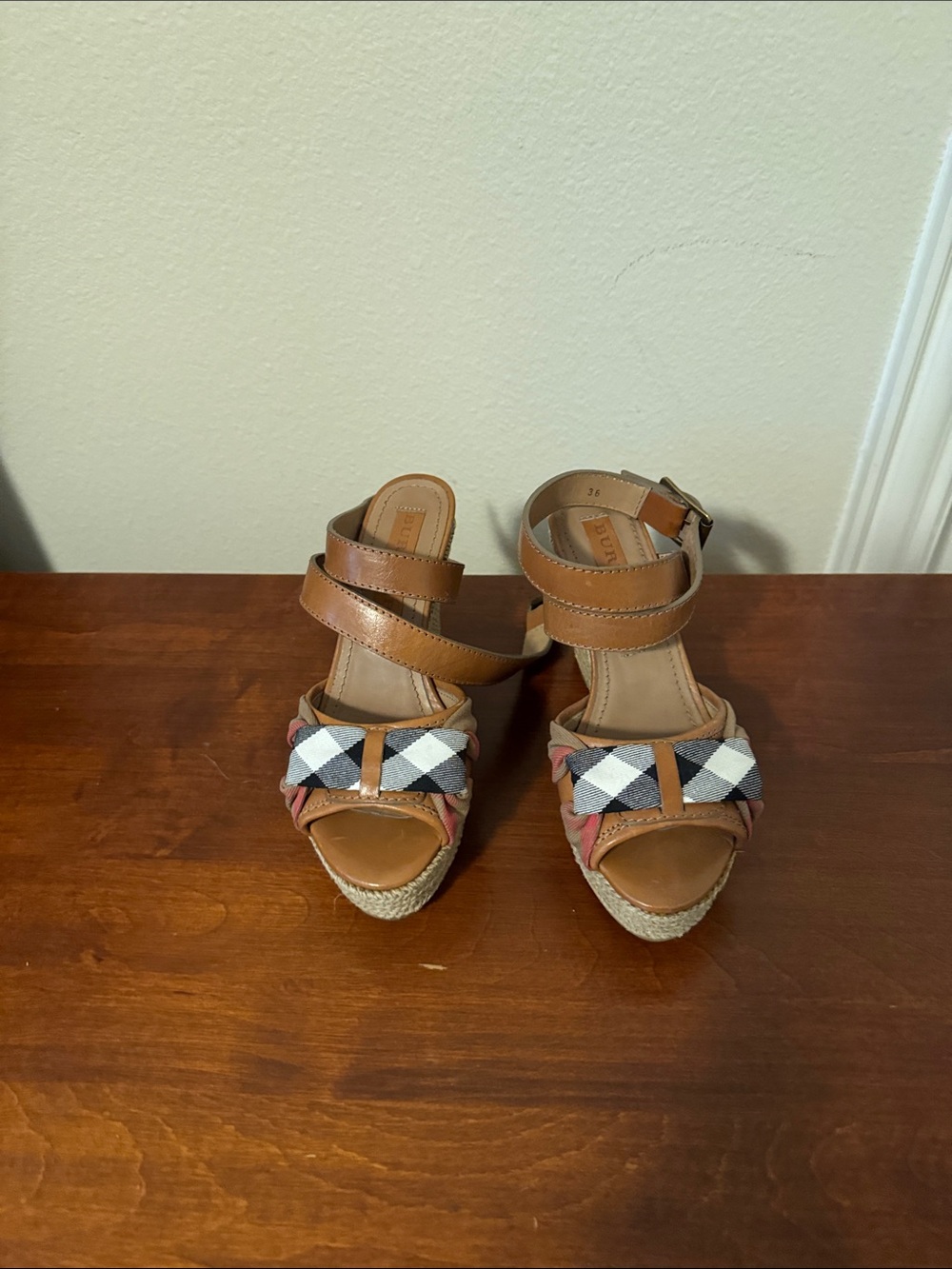 Burberry Tan Leather Ankle-Strap Wedge Sandals with Check Plaid